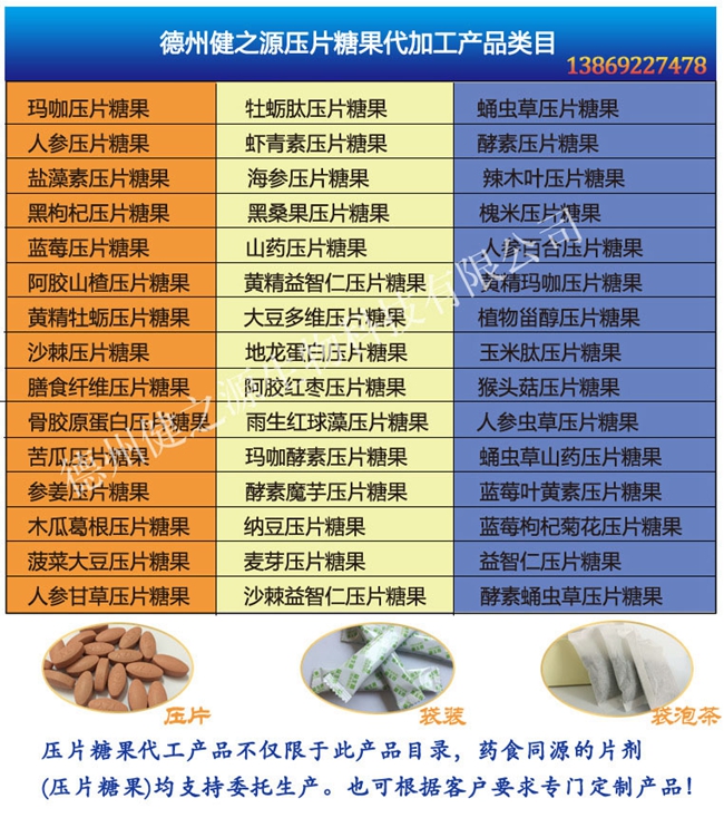 德州健之源蝦青素片產品詳情：  品名：壓片糖果 類別：食品SC 成分：工廠提供成熟配方或根據客戶要求定制調配 規格：多規格選擇，按要求定制加工 包裝：袋裝、瓶裝、工廠提供包裝設計或由客戶提供 單價：面議 靈活的合作方式：OEM、ODM、OBM（包工包料、來料加工、、來配方加工等）